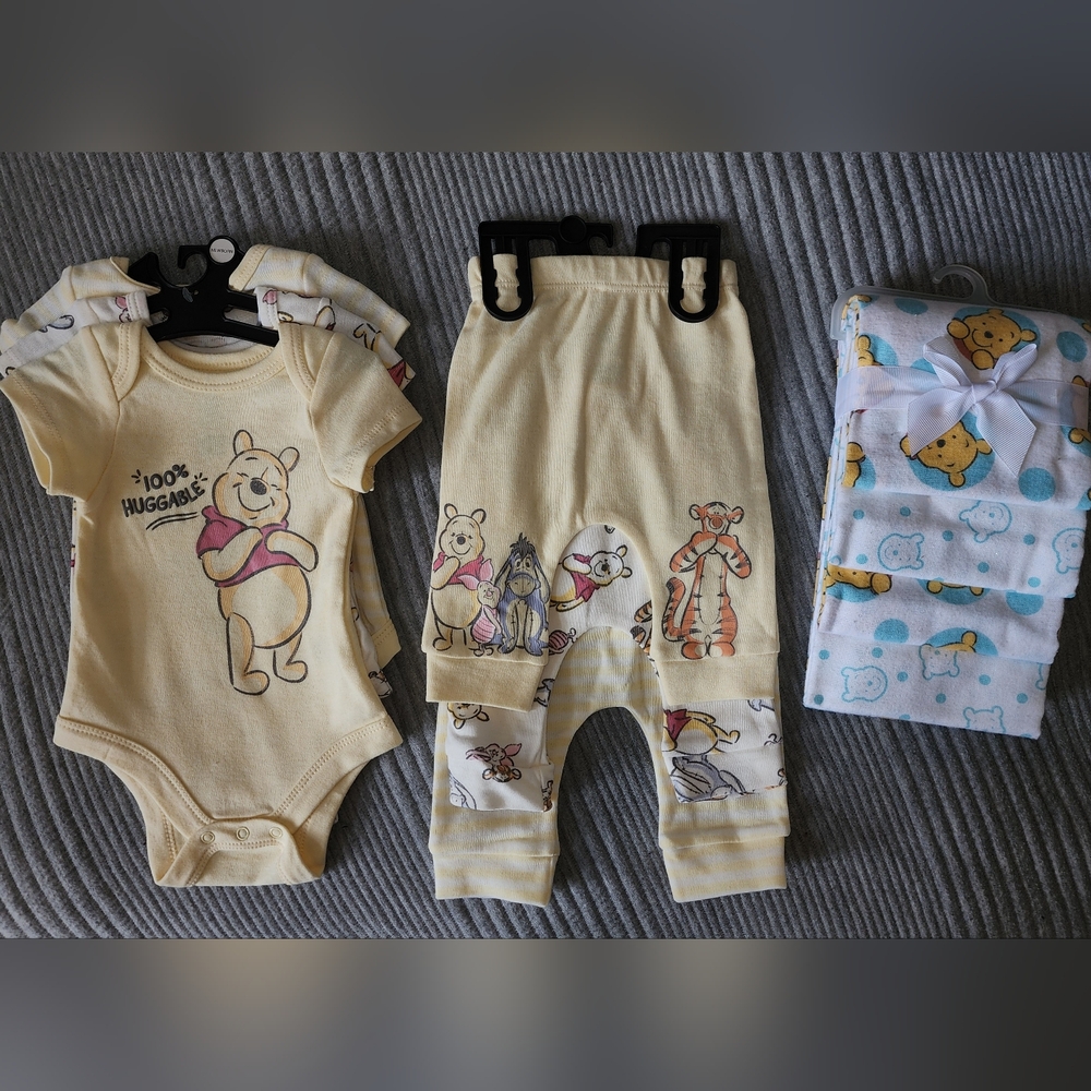 Winnie the Pooh 6 piece Newborn Outfit Set And 4 Swaddle Blanket NWT